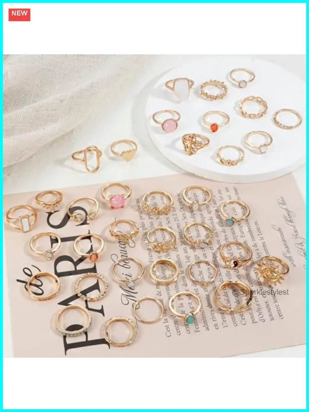 14K Gold Plated 70 Pc Crystal Stacking Knuckle Rings Set Boho Midi Ring Pack